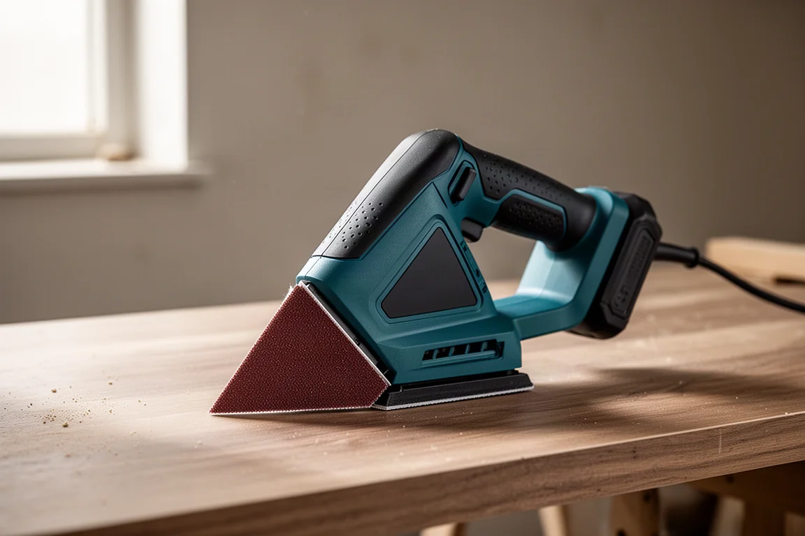 Makita XGT detail sander with triangular pad on a wooden workbench