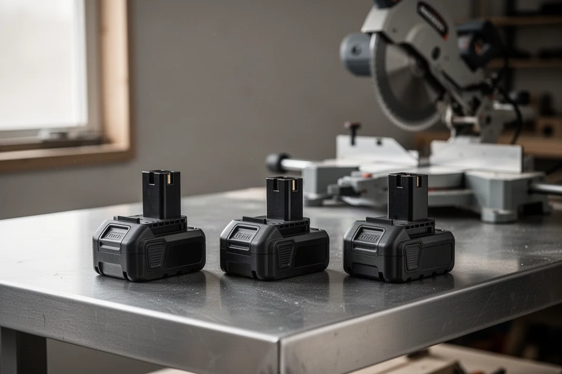 Tre pacchi batteria per utensili cordless allineati su un banco da lavoro sotto la luce dell'officina