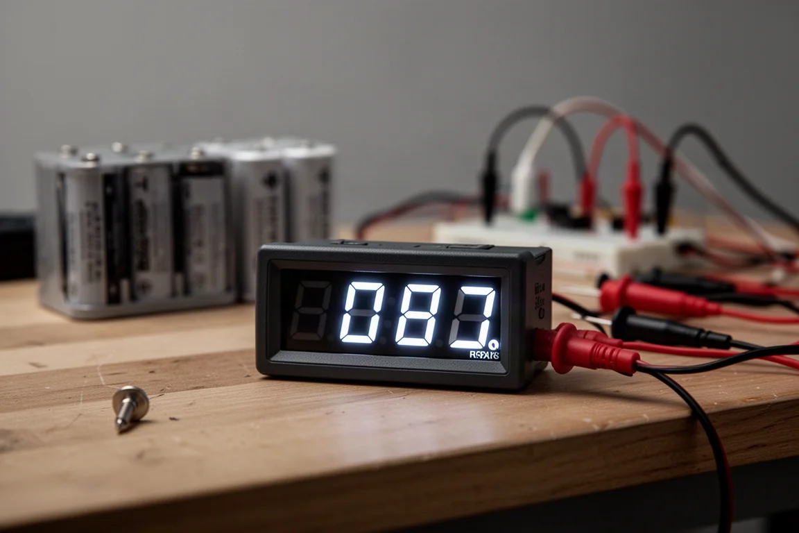 Display di un voltmetro digitale che mostra le letture di tensione durante un test della batteria