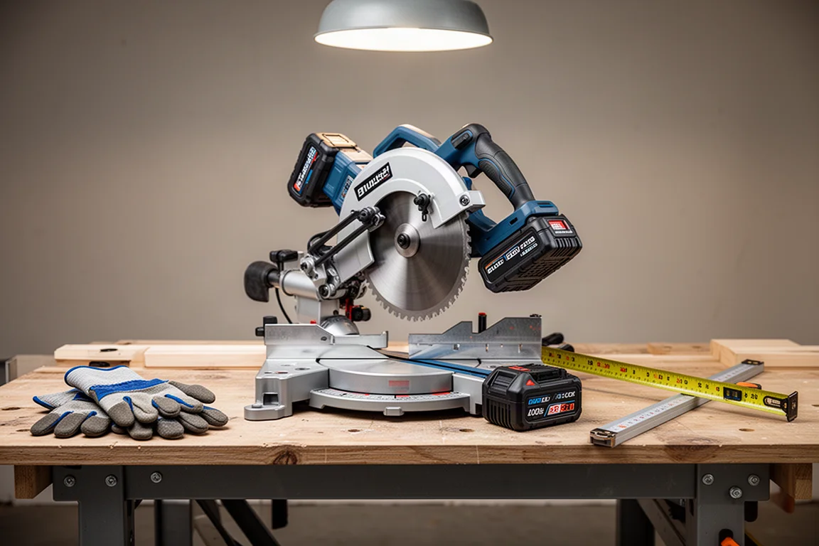 Sega a taglio troncato cordless su un banco da lavoro con un grande pacco batteria montato, pronta all'uso