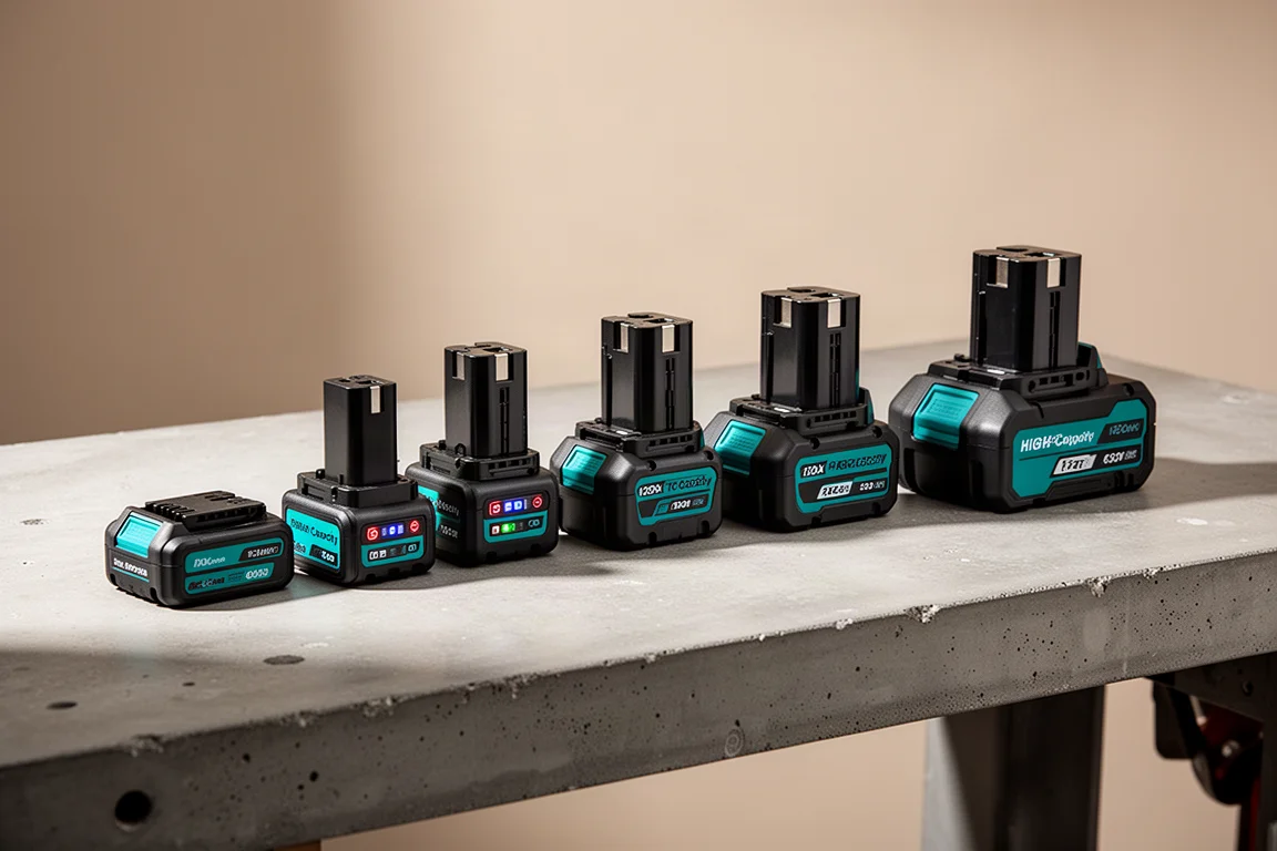 Row of six Makita XGT battery packs of varying sizes on a concrete workshop bench