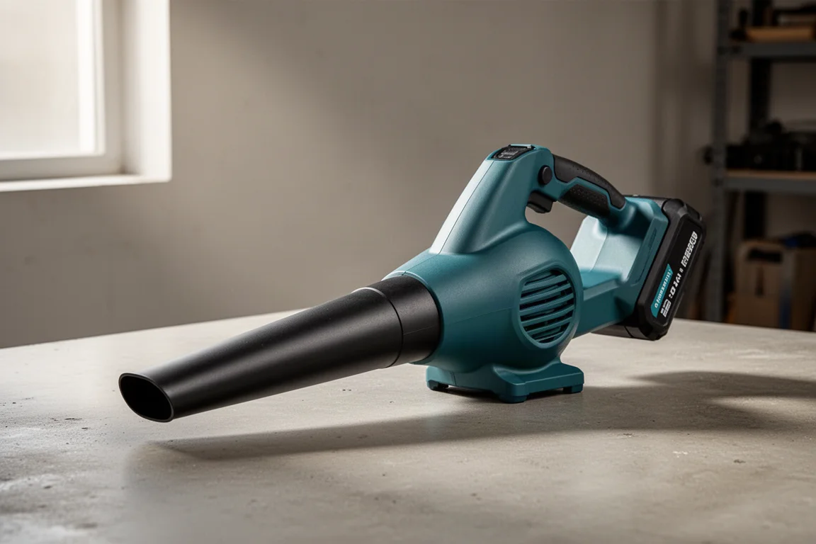 Makita XGT cordless blower on a concrete workshop surface