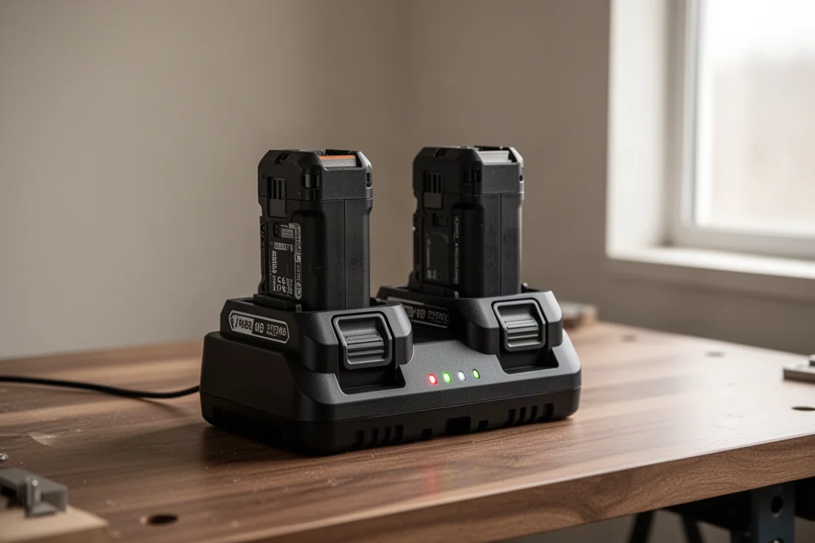 Två batteripack laddas i en dubbelladdare på en verkstadsbänk