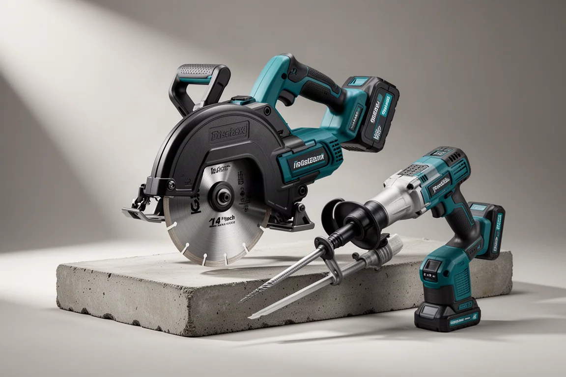 Makita XGT cordless power cutter and demolition hammer on a concrete slab