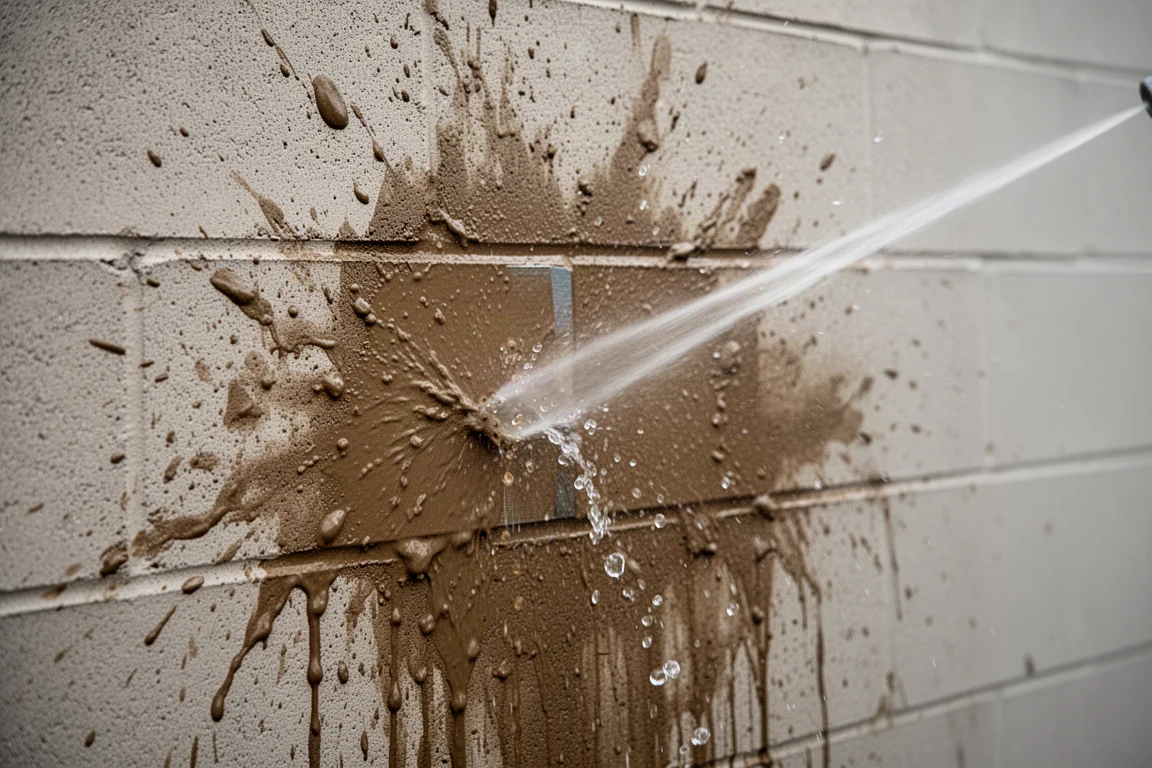 Mur en blocs peint et éclaboussé de boue, nettoyé avec un jet d'eau étroit