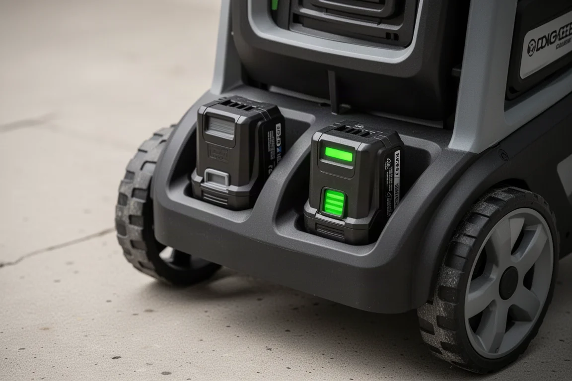 Deux batteries insérées sur le côté d'un nettoyeur haute pression compact sur roues