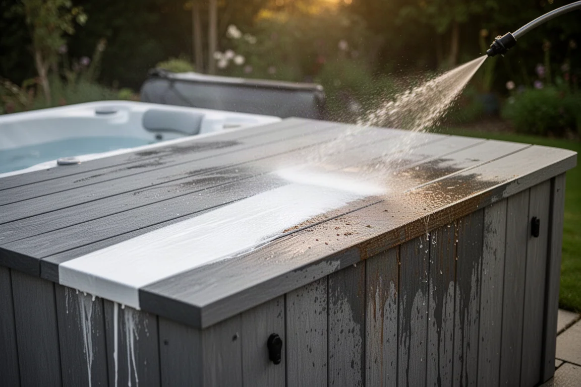 Pourtour de spa en bois vieilli, nettoyé avec une buse turbo
