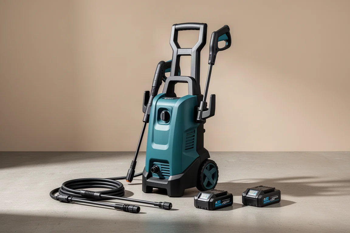 Compact cordless pressure washer with batteries and coiled hose on concrete
