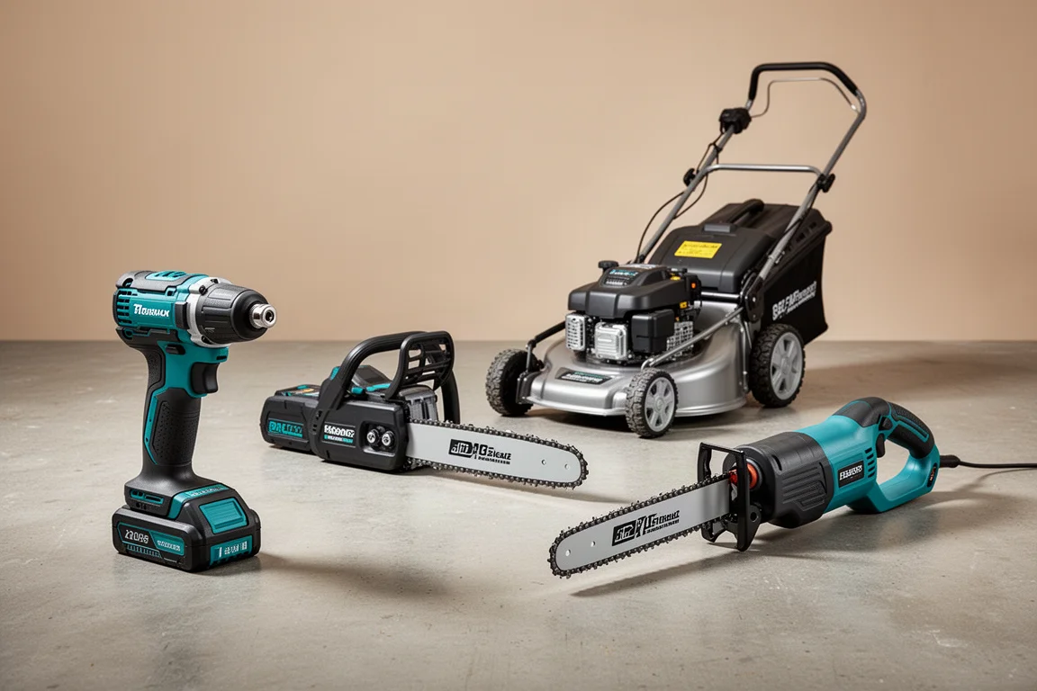 Makita XGT impact driver, chainsaw, lawn mower, and reciprocating saw on a workshop floor