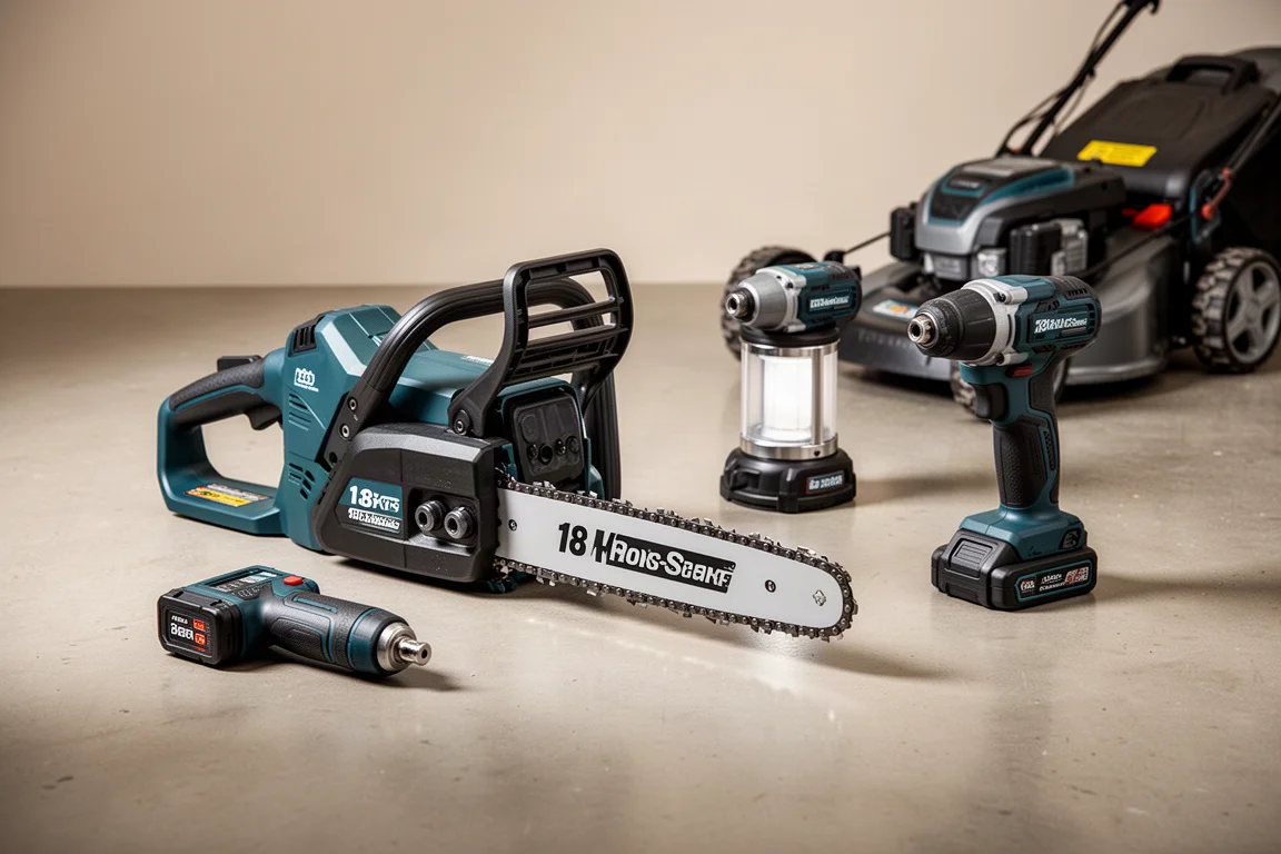 Four Makita XGT cordless power tools arranged on a concrete workshop floor