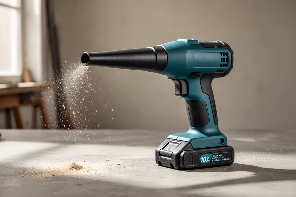 Compact cordless dust blower with narrow nozzle on a concrete workshop surface