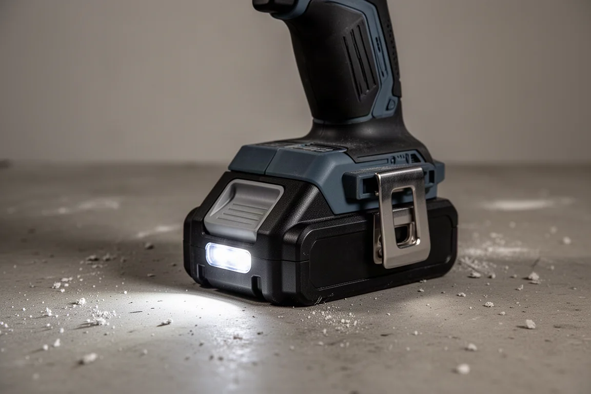 Batería de la barrena inalámbrica y luz de trabajo LED encendida en el cuerpo de la herramienta