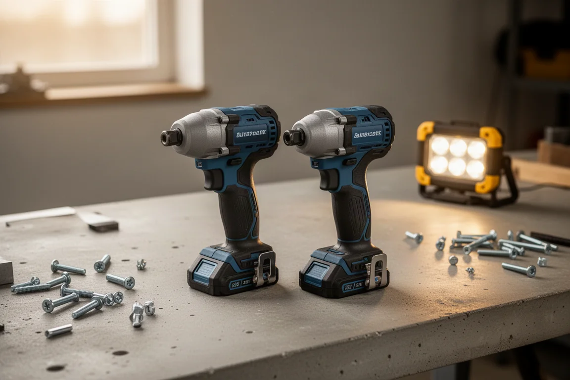 Two cordless impact drivers side by side on a workshop bench