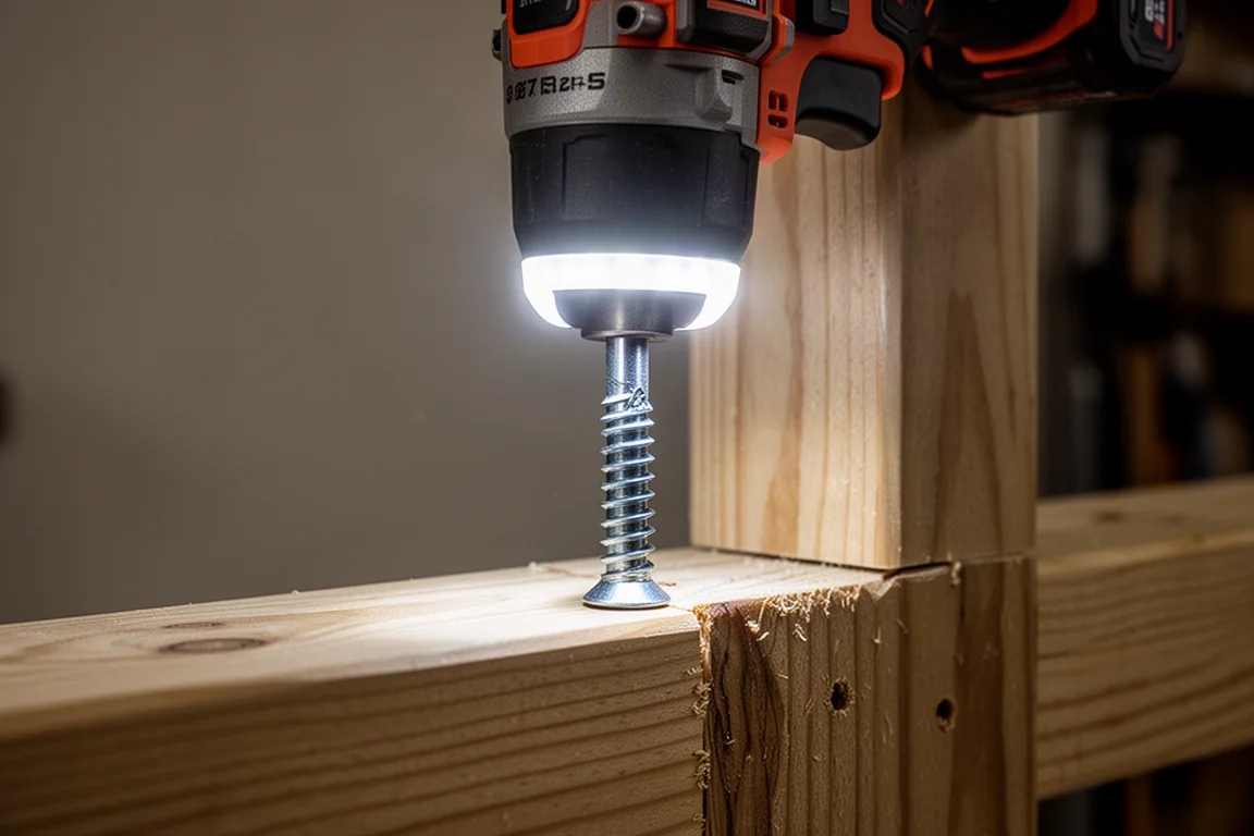 Close-up of an impact driver LED ring illuminating a fastener on wood