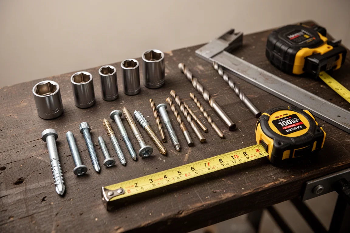 Workshop scene with fasteners, sockets, and drill bits laid out