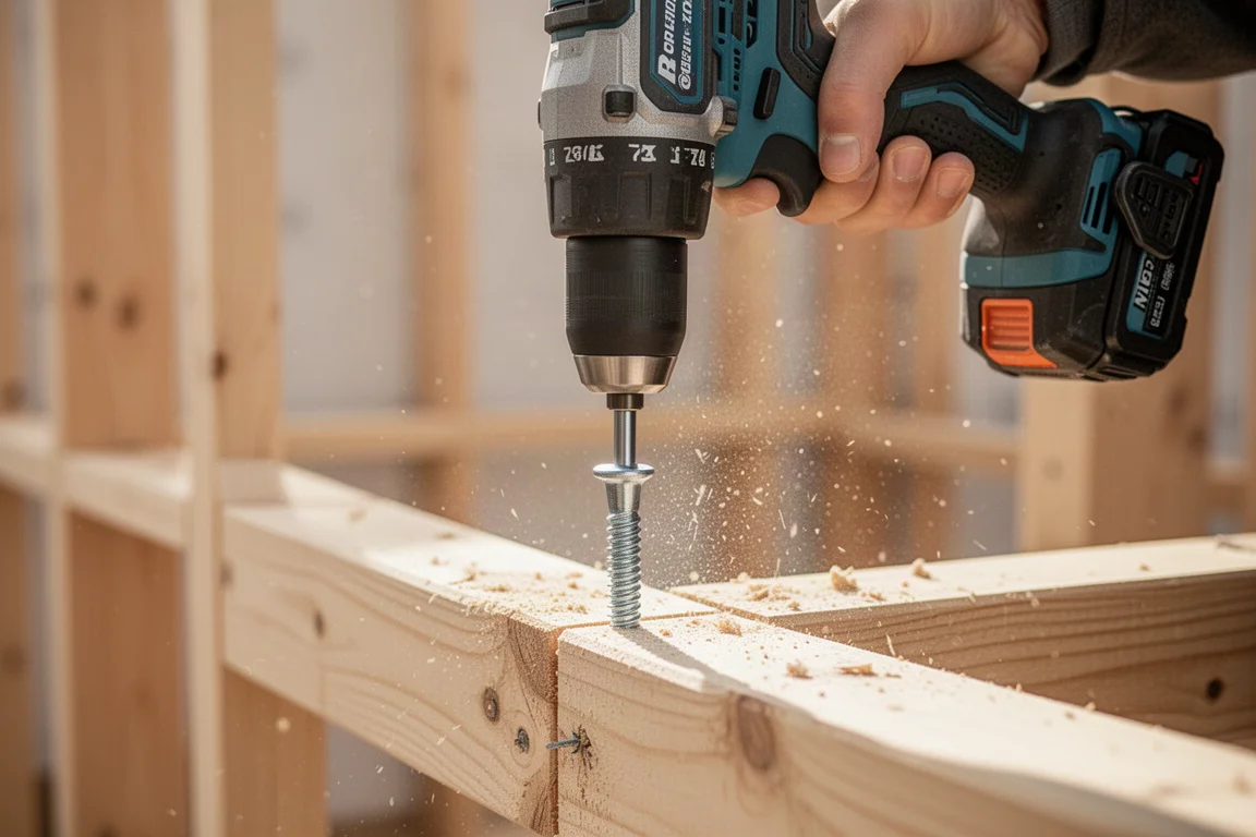 Impact driver driving a fastener into timber on a job site