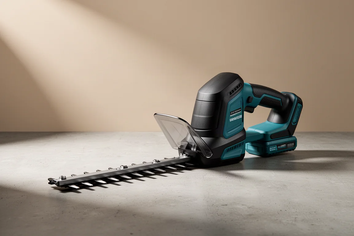 Cordless 24-inch hedge trimmer standing on a concrete surface
