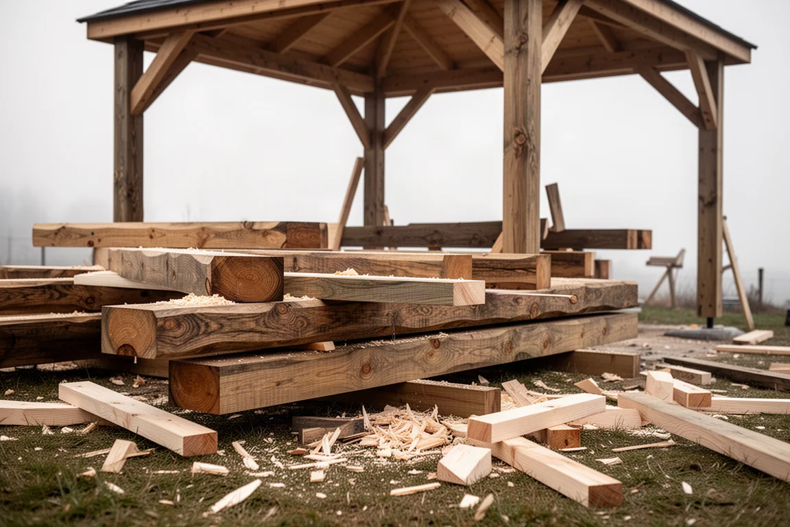 Obra de construcción de un cenador con vigas gruesas de madera durante un trabajo de demolición