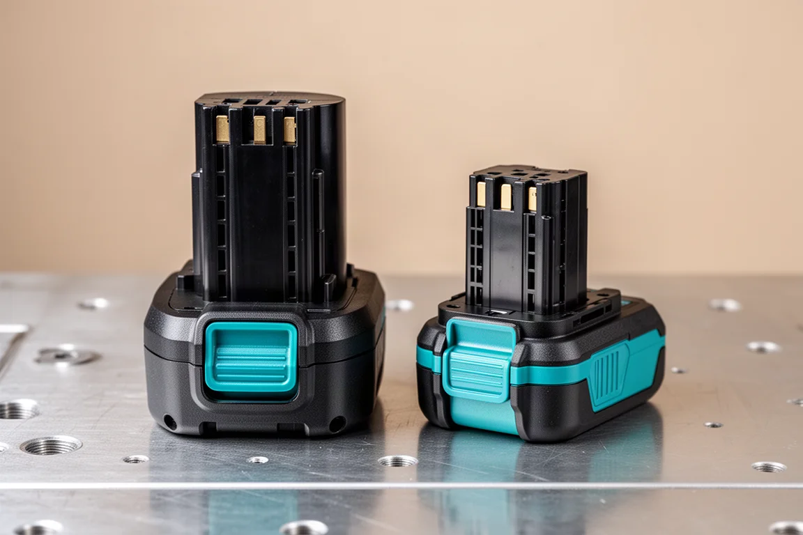 Due pacchi batteria affiancati su un banco di officina che mostrano le differenze di dimensioni