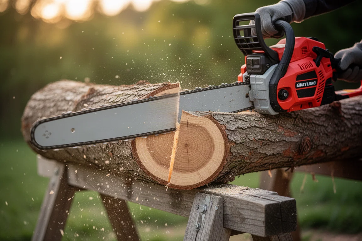 Motosiega che taglia un tronco di legno duro con segatura che vola nella luce calda del pomeriggio
