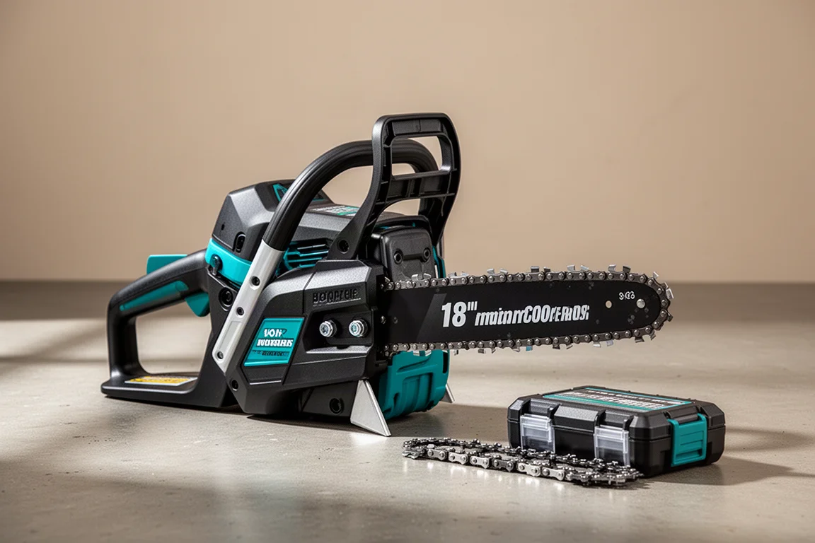Black and teal battery chainsaw with 18 inch bar standing on a workshop floor next to a bar and chain case