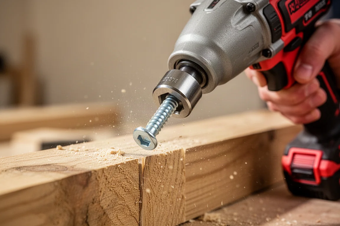 Schlagschrauber treibt eine große Holzschraube in einen Balken