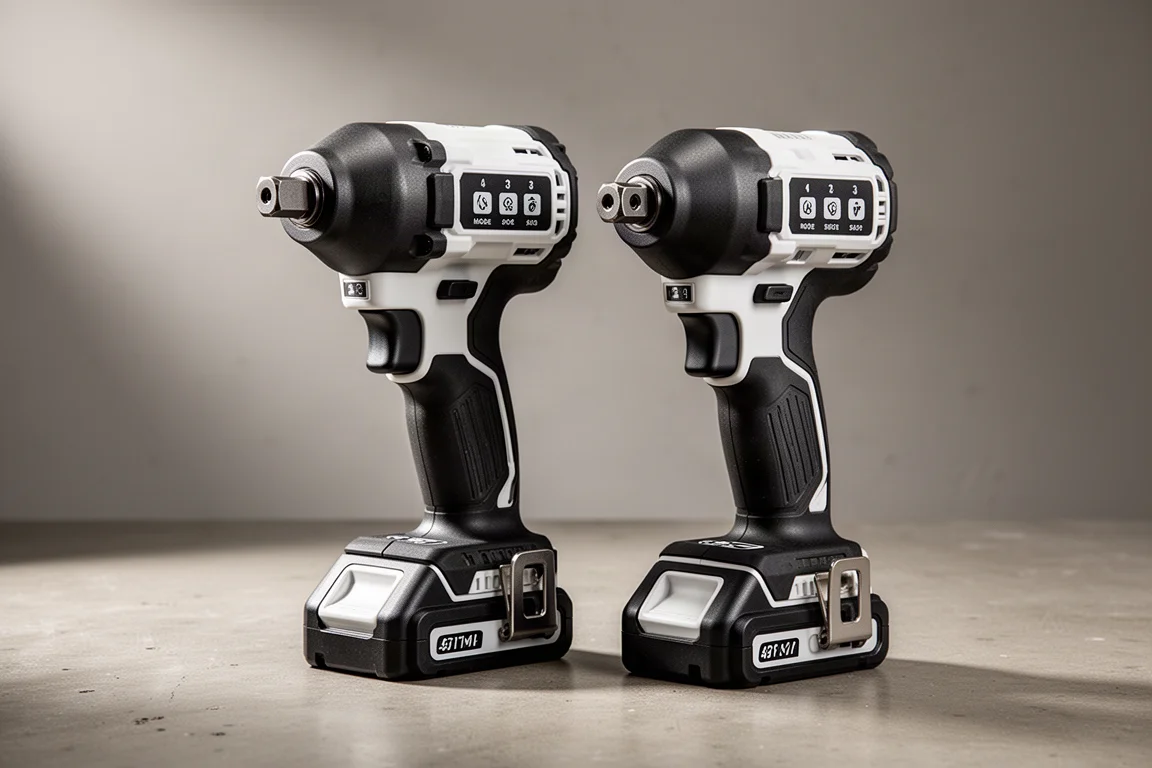 Two Makita-style cordless impact wrenches side by side on a concrete surface