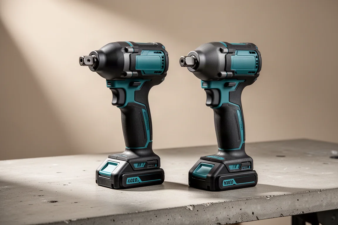 兩把 Makita 中扭力衝擊扳手並排立在水泥工作台上