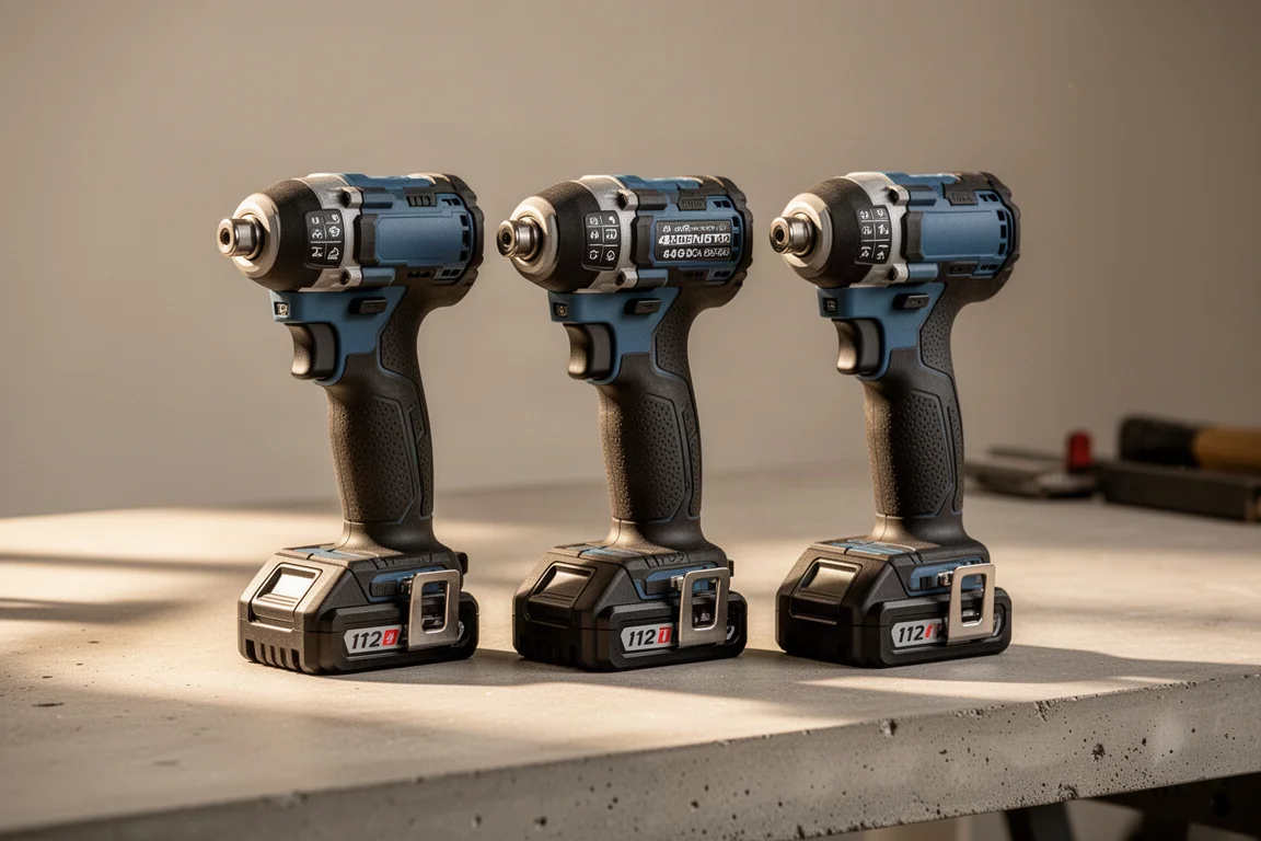 Drei akkubetriebene Impact Driver nebeneinander auf einer Werkbank bei weichem Licht