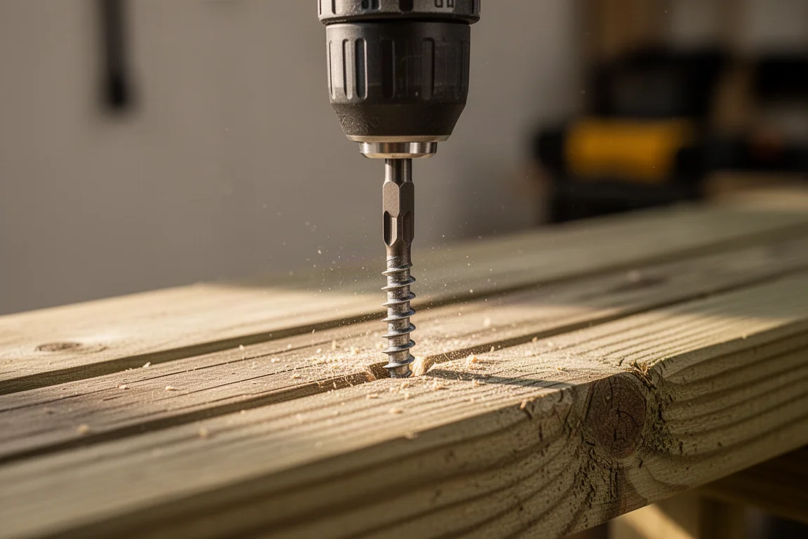 Impact Driver versenkt eine Terrassenschraube bündig in Holz