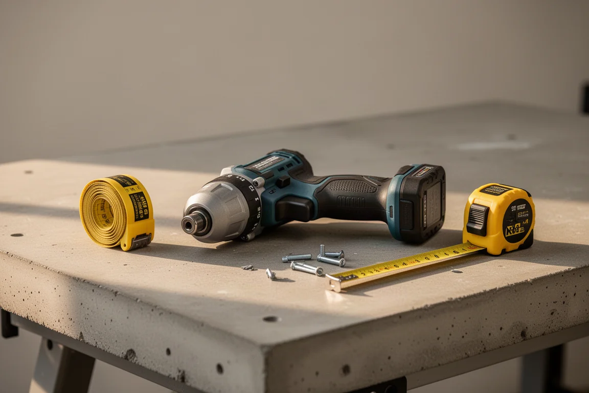 Impact Driver liegt auf einer Werkbank neben einem Maßband