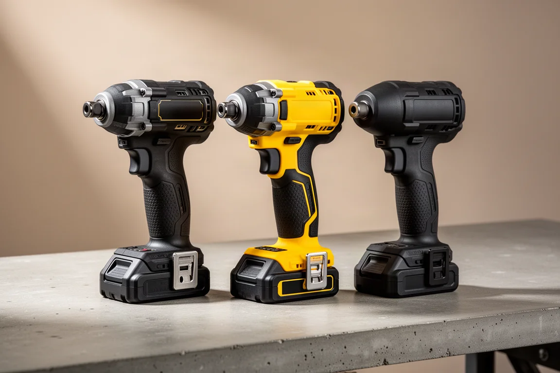 Three Makita XGT impact drivers lined up on a concrete workbench