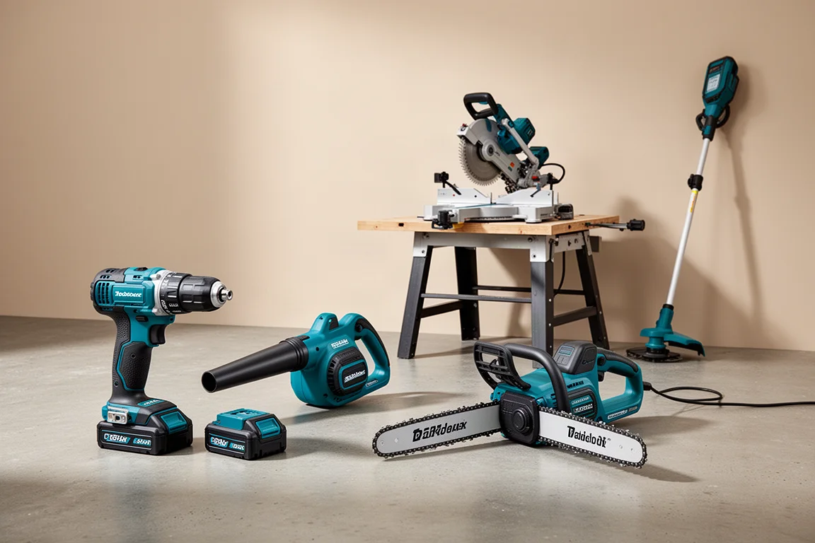 Collection of teal and black cordless power tools including a drill, blower, chainsaw, miter saw, and string trimmer
