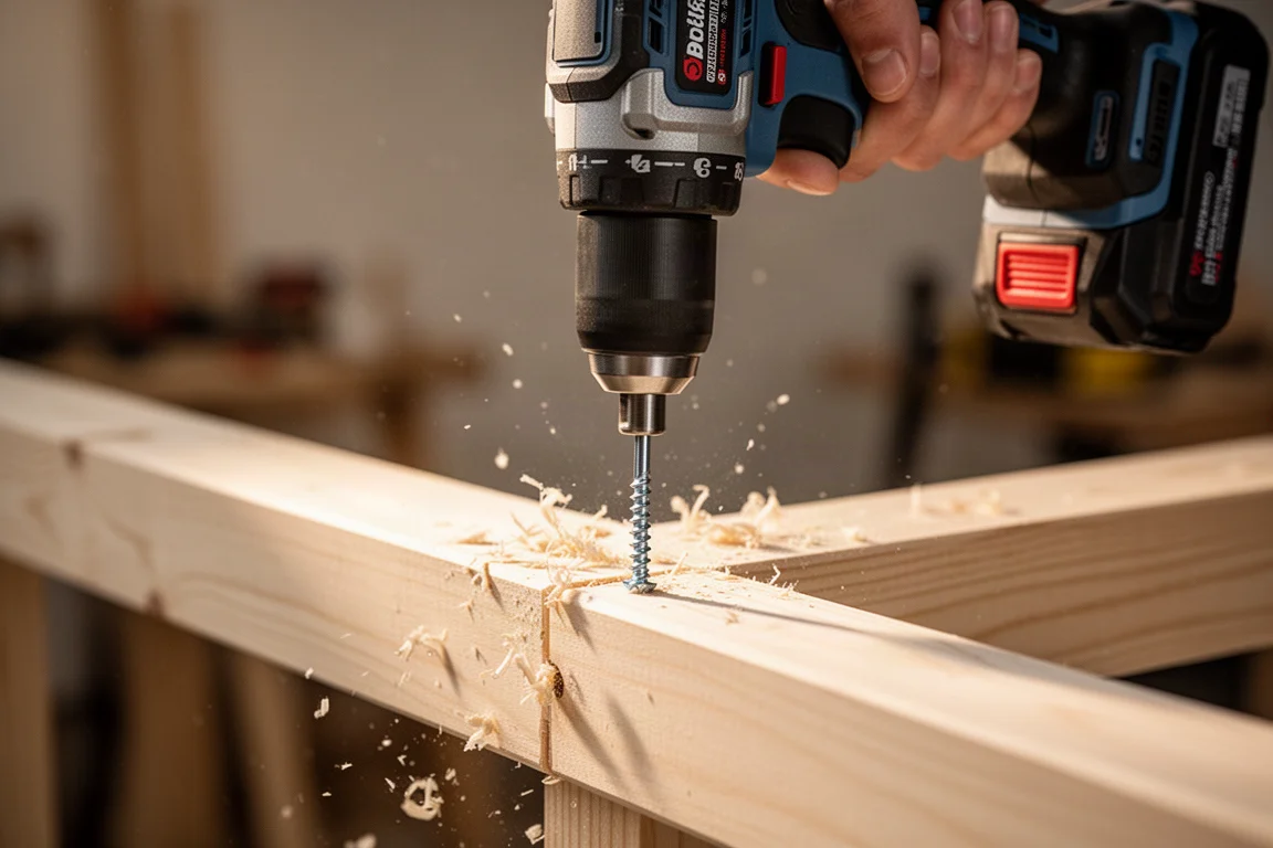 Akkuschlagschreiber treibt Schraube in einen Balken aus Holz