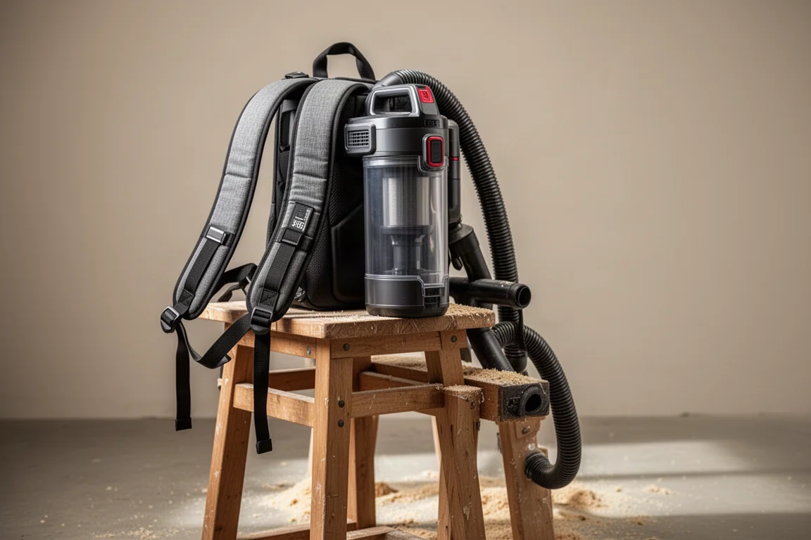 Trageriemen und Behälter eines Rucksacksaugers stilisiert auf einem Werkstatthocker