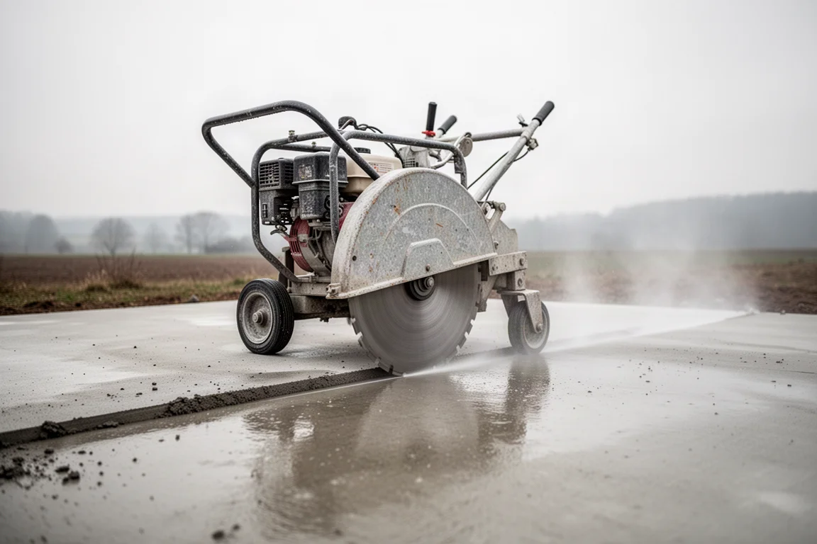 Betontrennschleifer macht einen Nassschnitt in einer Betonplatte