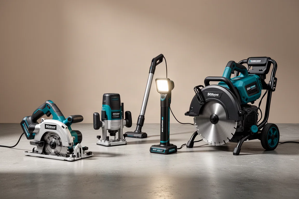Collection of cordless power tools arranged on a concrete workshop surface