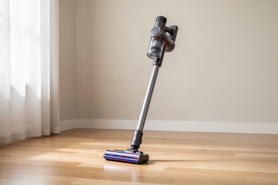 Aspirateur balai sans fil posé sur un sol ciré dans un intérieur moderne