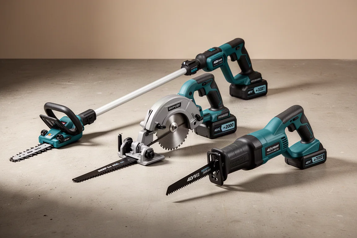 Collection of new Makita XGT 40V power tools on a concrete workshop floor
