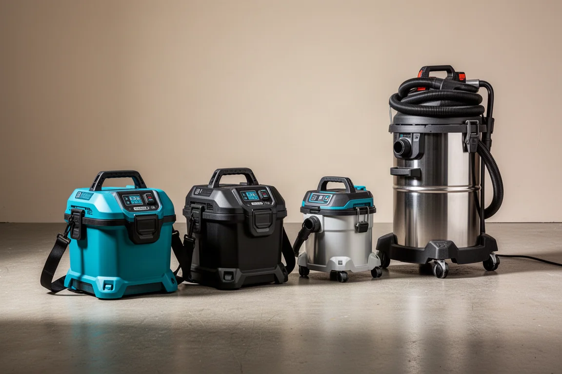 Four portable Makita-style cordless workshop vacuums lined up on a concrete floor