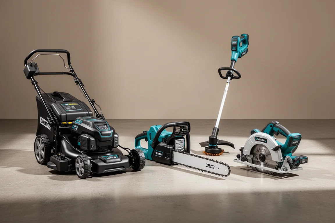 Makita XGT cordless mower, chainsaw, string trimmer and saw arranged on concrete