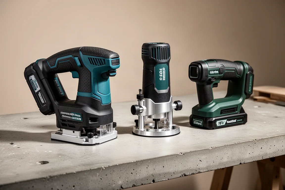 Three cordless trim routers lined up on a concrete workbench