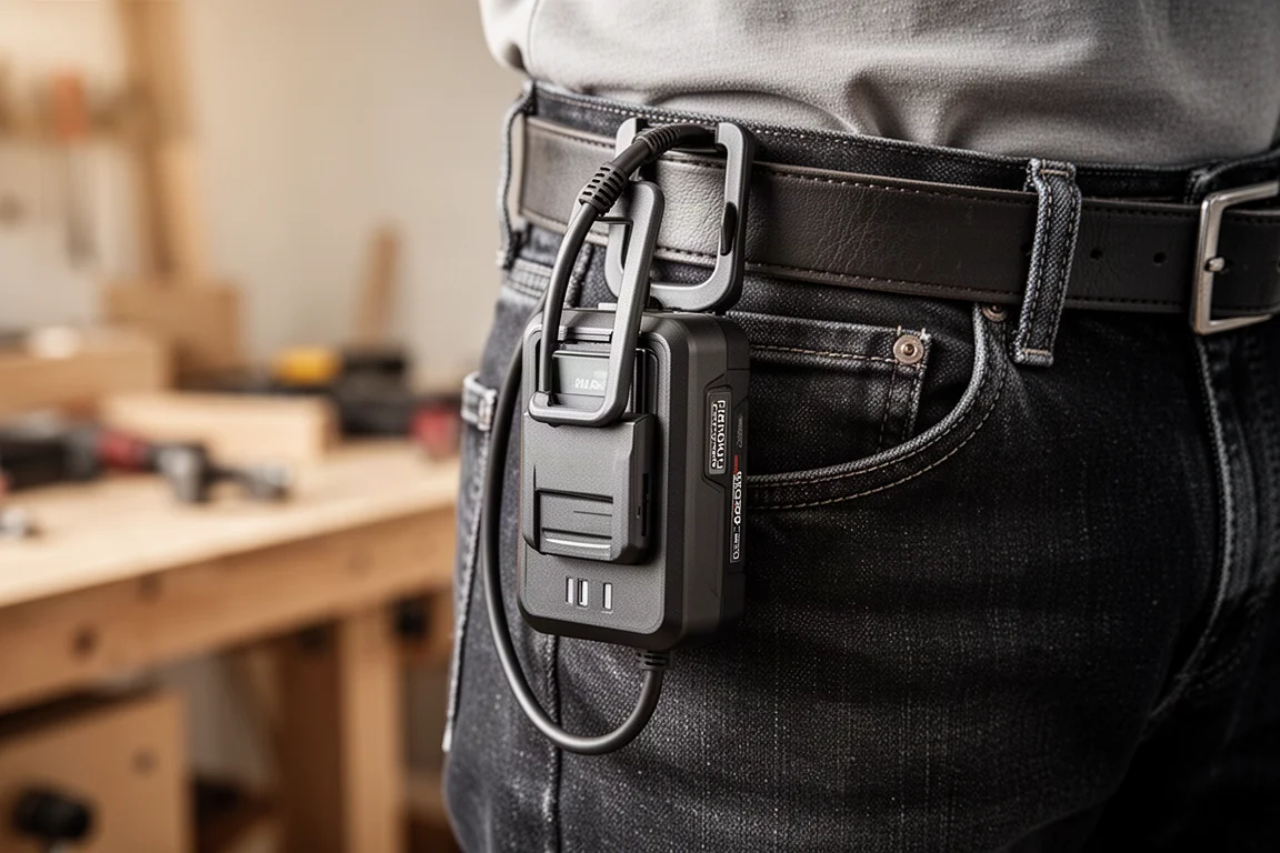 En slipmaskin med batteripaket klämt på ett jeansbälte och sladden fäst på plats