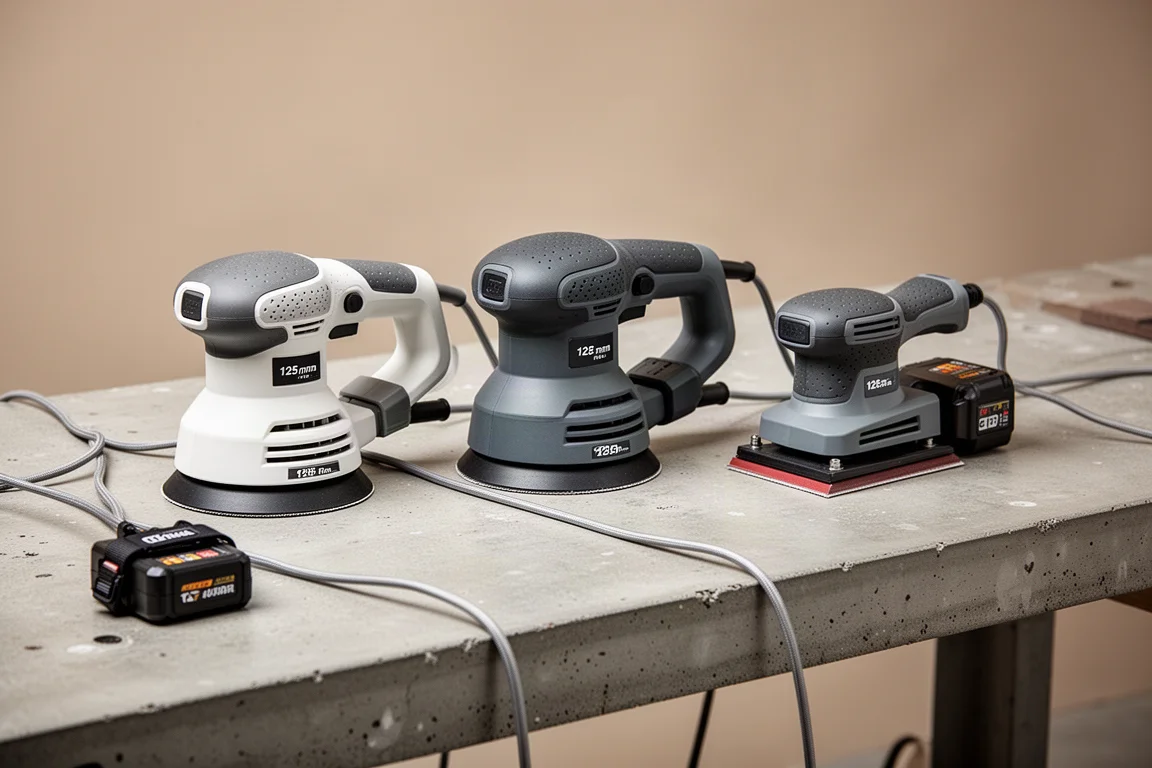 Three Makita XGT sanders lined up on a concrete bench with battery packs and cords