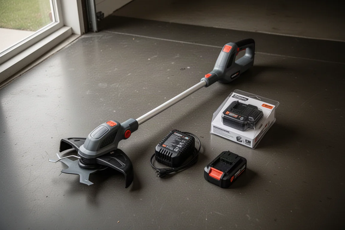 Kit de orilladora desempacado con cargador, protección y batería sobre el piso de un garaje