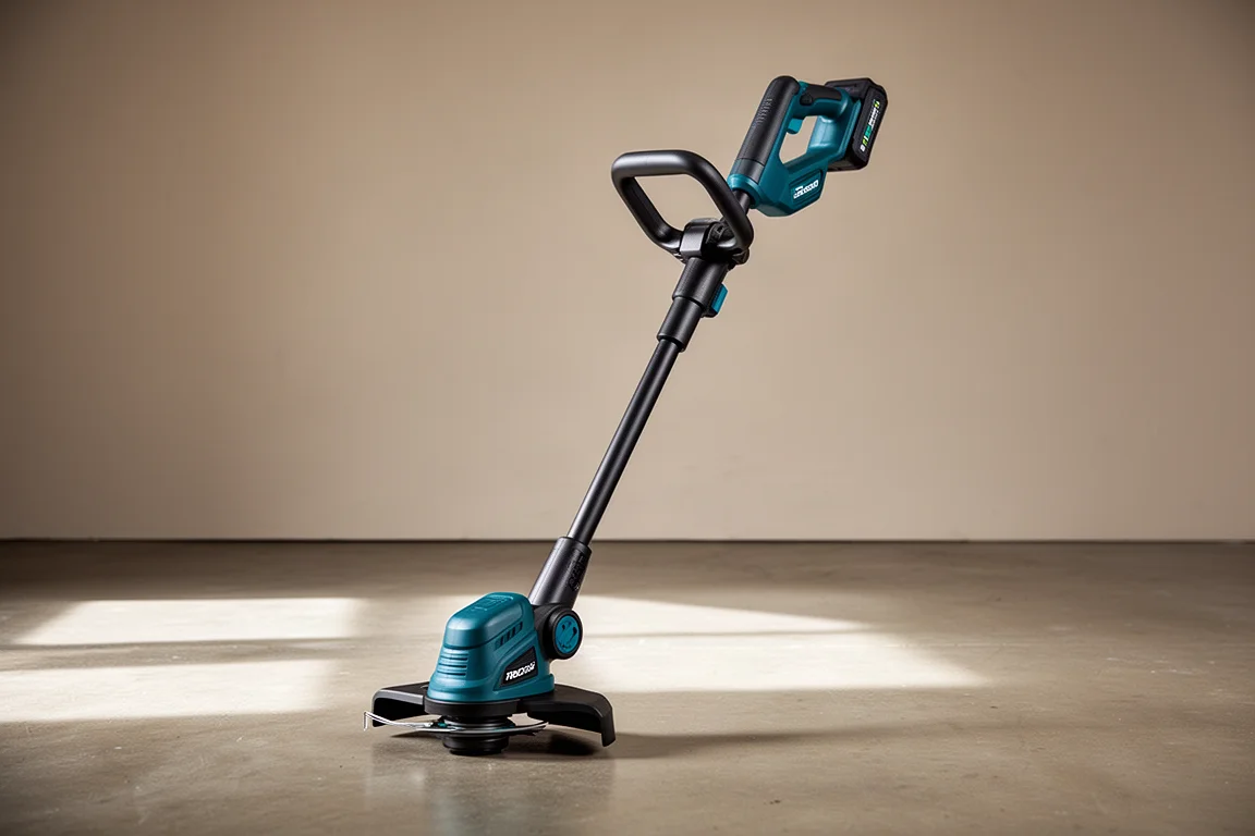Makita XGT cordless string trimmer standing upright on a concrete floor