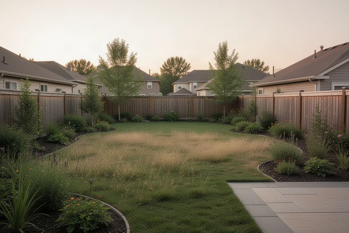 Un giardino residenziale di mezzo acro con bordi misti e recinzioni nella soffice luce della sera