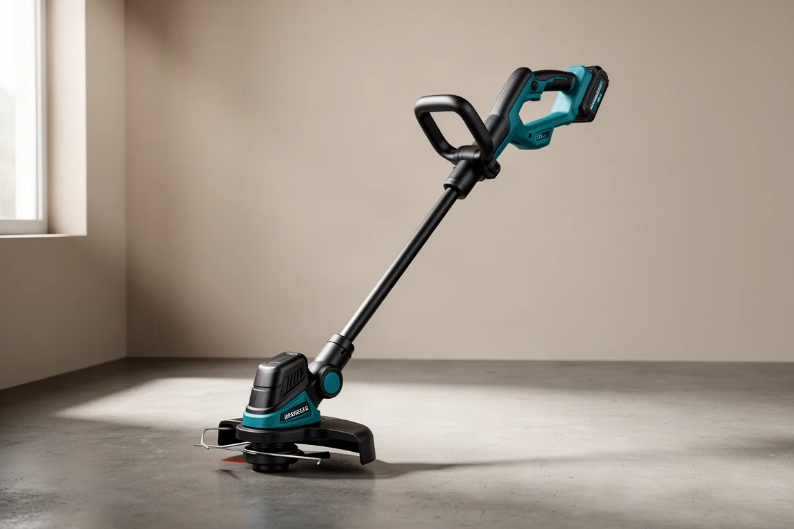 Cordless string trimmer standing at an angle on a concrete floor