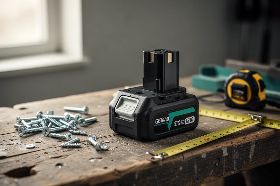 Batteria per utensili a batteria su una banca di lavoro con indicatore di carica visibile