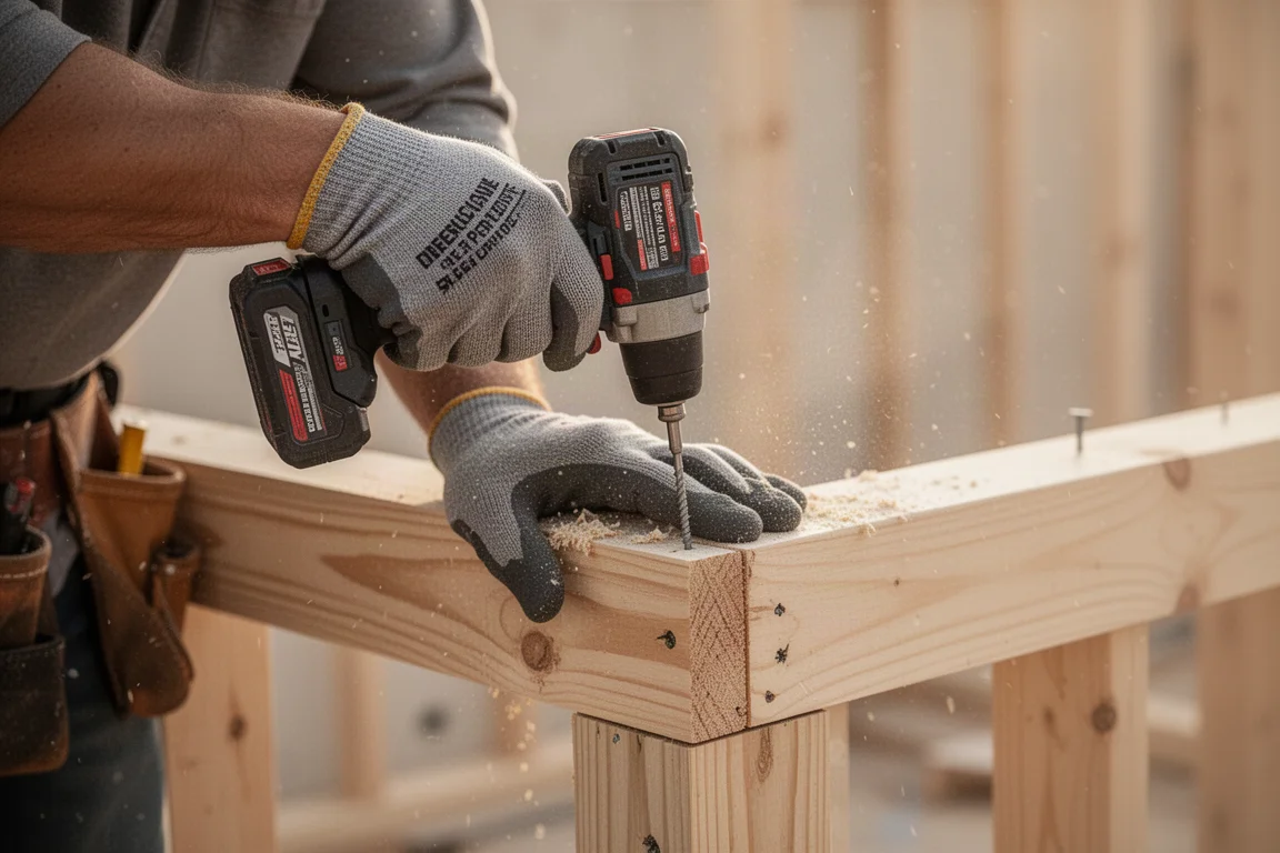 Operaio che avvita viti con un avvitatore a batteria in un cantiere